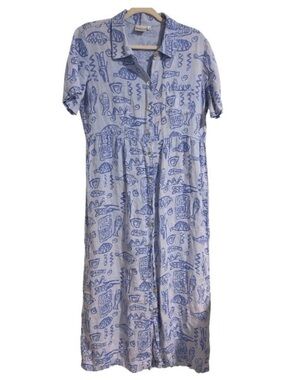 Match Vintage 100% Linen Fish Print Maxi Shirt Dress Blue Short Sleeve Size 10